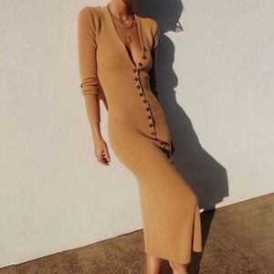 LPA Kavala Sweater Dress Ribbed Knit Button Front Maxi Camel Medium